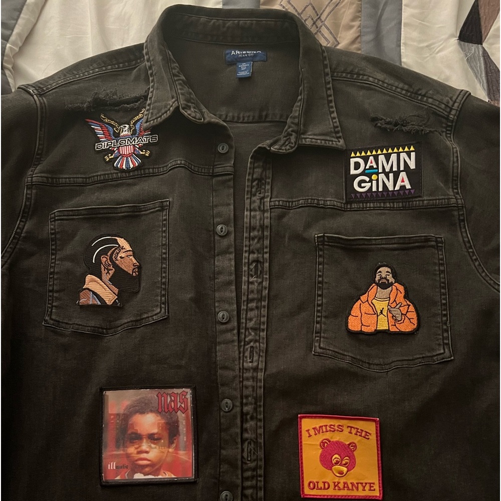 Denim Shirt XL Distressed black with sew on patches.